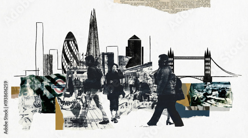 Abstract screen print style collage poster showing silhouettes of business professionals walking through London’s financial district, mid-century modern design with lino-print shapes, charcoal texture