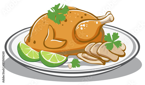 Cartoon roasted chicken dinner with lime and parsley on a plate