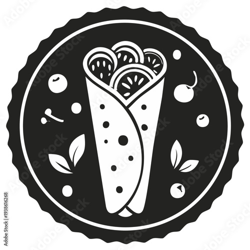 Stylized illustration of a filled wrap or burrito, surrounded by minimalist garnishes.