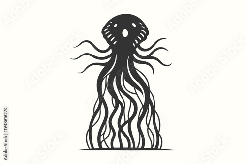 Dark Tentacle Alien Monster Silhouette, Sci-Fi Horror Illustration, Isolated Vector