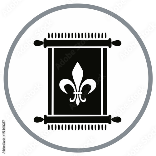 Black and white stylized scroll with fleur de lis symbol within a circular frame on a white background.