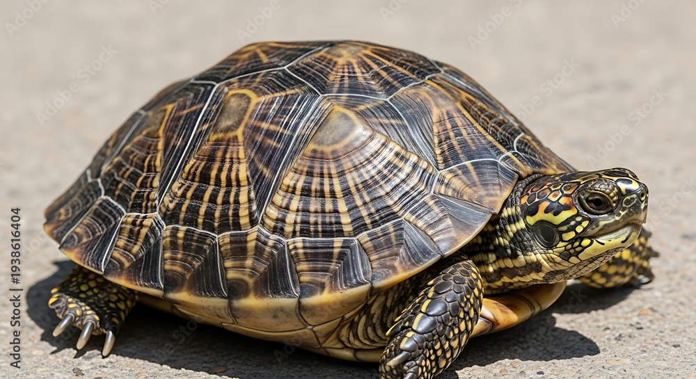 Fototapeta premium Detailed shot of a turtle's patterned shell and textured skin on a concrete surface
