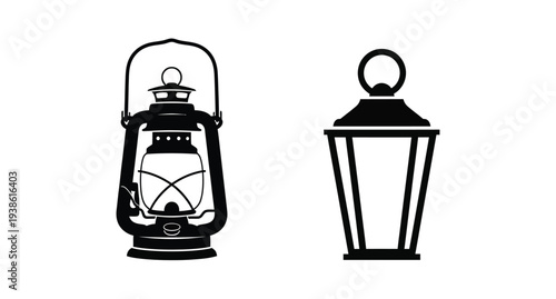 Two vintage lanterns displayed side by side in black silhouette