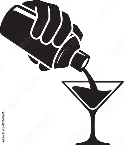 Preparing a cocktail, shaker pours into glass, black vector