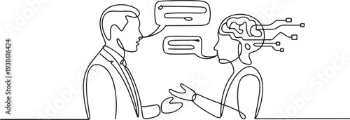 businessman chatting with a smart AI or artificial intelligence. Technology in services concept. one line art icon drawing vector