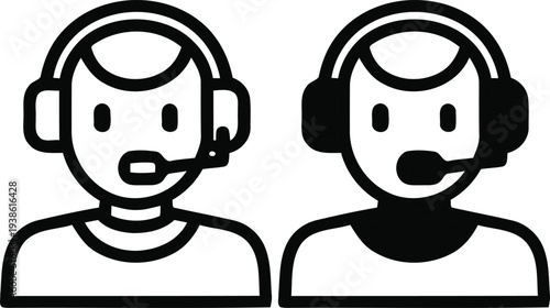 Customer support headset operator icon. Call center agent service avatar line and silhouette vector illustration