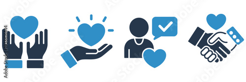 trust icon set, care symbol collection, honesty concept vector, compassion illustration pack, human connection graphic icons, hands and hearts symbols, handshake and user icons, flat vector design rep