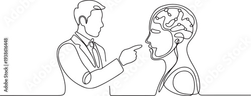 businessman chatting with a smart AI or artificial intelligence. Technology in services concept. one line art icon drawing vector