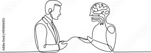 businessman chatting with a smart AI or artificial intelligence. Technology in services concept. one line art icon drawing vector