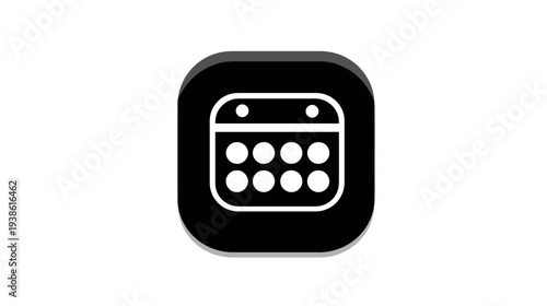 A white calendar icon within a black rounded square with a subtle drop shadow on a white background