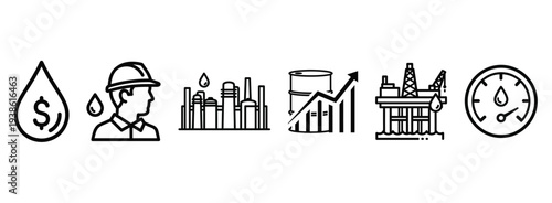 Oil industry and energy production icons set. Petroleum worker refinery factory pipeline fuel business outline vector icon collection