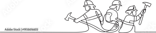 Firefighters with firefighting equipment concept. Single line draw design. one line art icon drawing vector