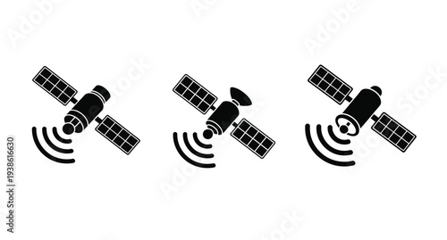 Three satellites transmitting signals depicted in a stark black silhouette