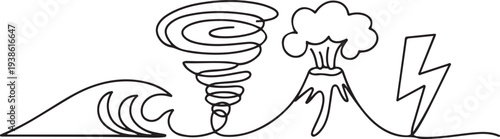 Natural disasters concept. Single line draw design vector graphic illustration. one line art icon drawing vector