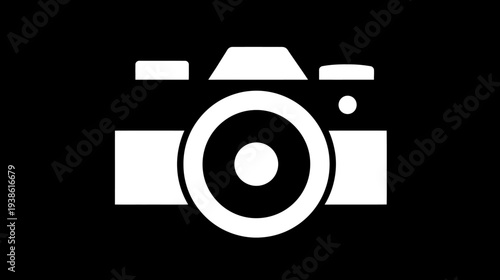 A white graphic of a camera against a black background. Minimalist design