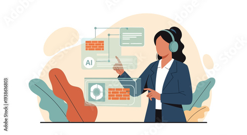 Woman Wearing Headphones Using Digital Tablet.