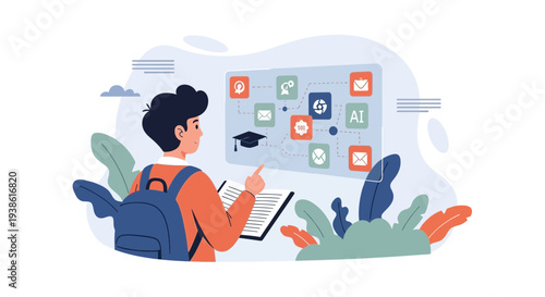 Man Using Digital Device with Social Media Icons.