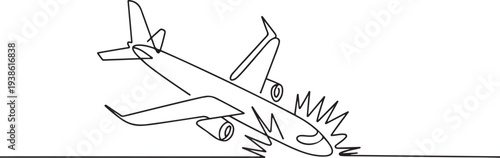 Plane Crash concept. Full length animation illustration. one line art icon drawing vector