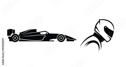 Racing car and helmet design in a striking black silhouette