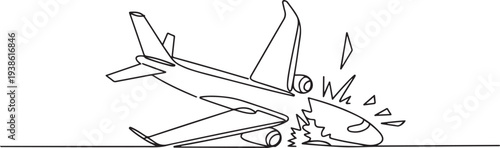 Plane Crash concept. Full length animation illustration. one line art icon drawing vector