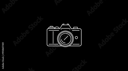 A simple outline of a camera in white, centered on a black background