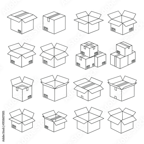 Collection of various cardboard boxes in different open and closed positions illustrated in a grid layout