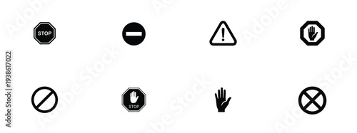Warning and prohibition icons set. Safety caution restriction symbols. Outline vector sign collection