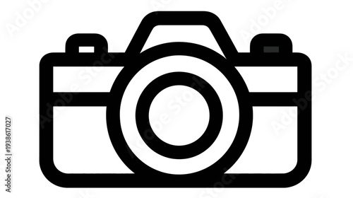 A black and white, minimalist, line art illustration of a camera, ideal for photography icons