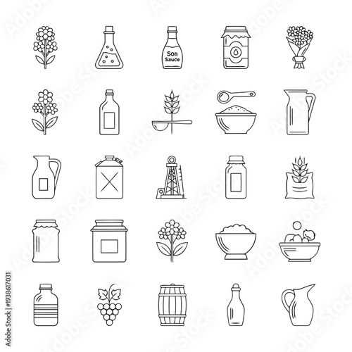 Collection of various food and drink icons including wheat, bottles, and jars in a simple line art style