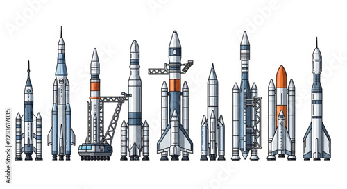 Collection of various rockets and spacecraft designs.