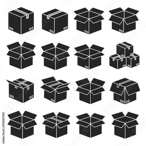 Multiple black boxes and crates in various open positions displayed