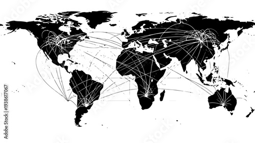Map world with flight routes and black continents on white background with grunge featuring geography, navigation, travel with transportation and