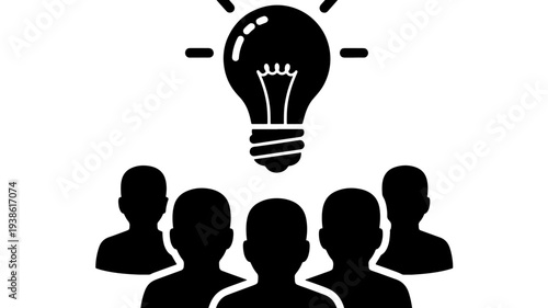 Lightbulb idea with silhouetted people beneath it in a group featuring innovation, creativity, brainstorming with team and collaboration elements for