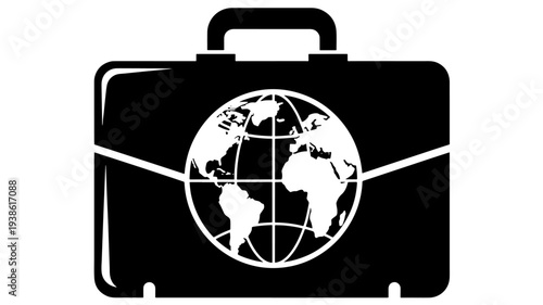 Briefcase with global map icon on front, symbolizing international travel featuring suitcase, luggage, world with business and traveler's elements