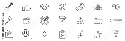 Business management icon set. Office work strategy finance and leadership symbols. Line vector business icons collection