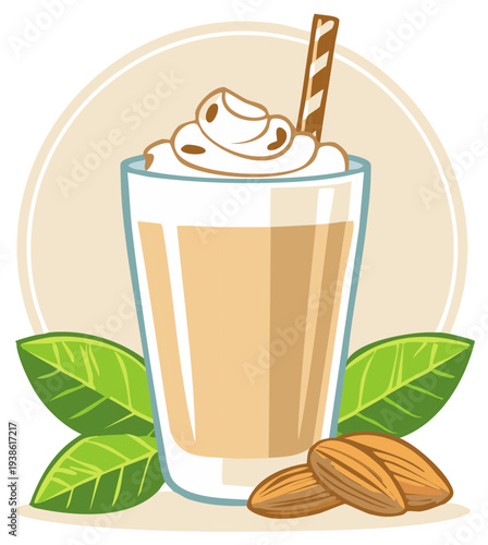 Almond Milkshake with Whipped Cream and Straw Served in Glass with Almonds and Green Leaves