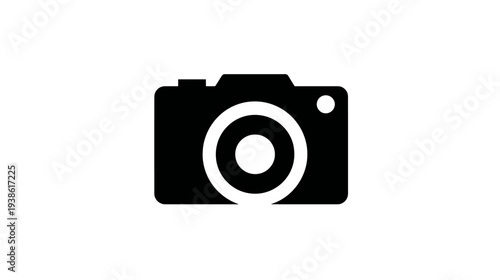 A simple, minimalist icon of a camera, depicted in solid black against a white background