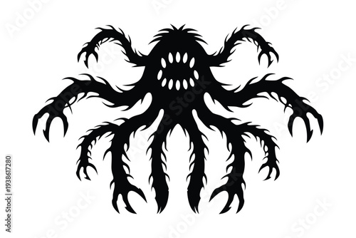 Stylized vector silhouette of a grotesque alien creature with tentacles