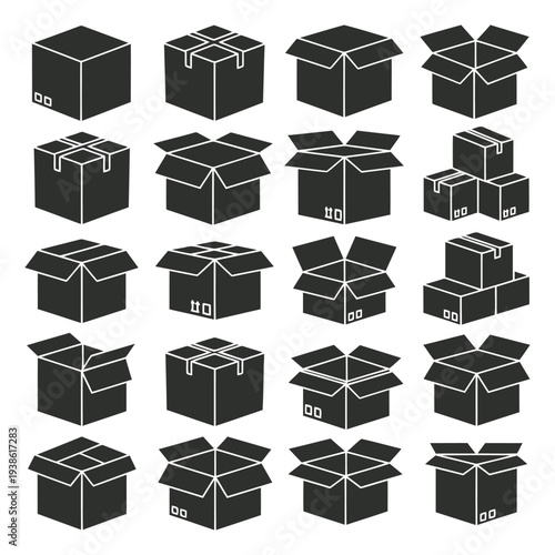 Collection of black boxes with various lid positions, neatly arranged in rows, showcasing different packaging configurations and designs.