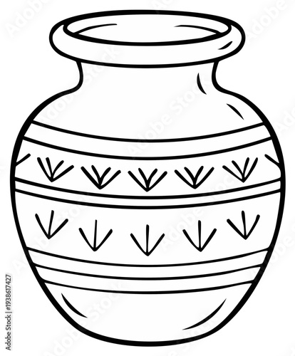 Hand-drawn outline of a decorative ceramic pot with tribal patterns