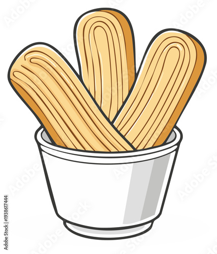 Three golden churros in a white paper cup dessert treat illustration