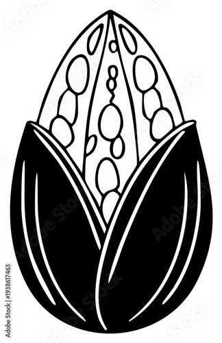Single corn cob with husk vector illustration in black and white for coloring, design, decoration.