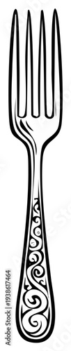 Ornate Design Fork Utensil, Dining Tool Illustration