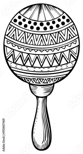 Black and white line art illustration of maraca shaker instrument with traditional folk art decoration