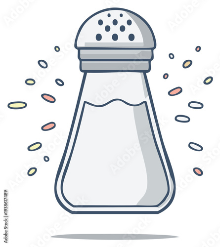 Stylized illustration of a salt shaker dispensing granular seasoning