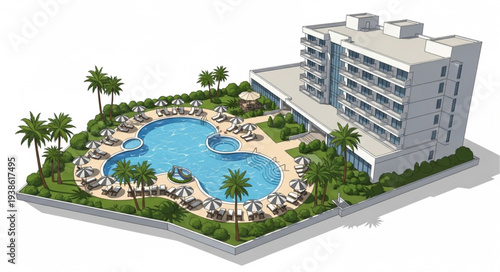 Luxury Resort Hotel With Swimming Pool and Palm Trees.