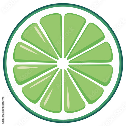 Illustration of a stylized sliced lime with segmented wedges and a green rind, citrus fruit.