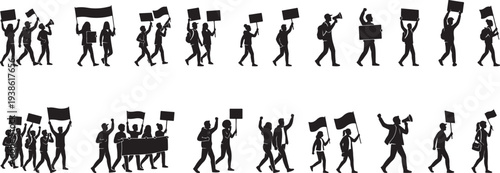 Set of Activist Crowd Silhouettes Marching on Strike with Blank Protest Banners, Placards and Megaphones Vector isolated on Transparent