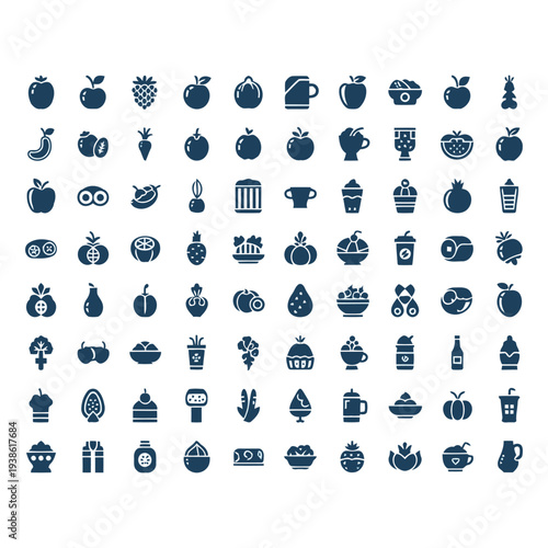 Collection of assorted food icons including fruits, desserts, and beverages displayed in a grid pattern.