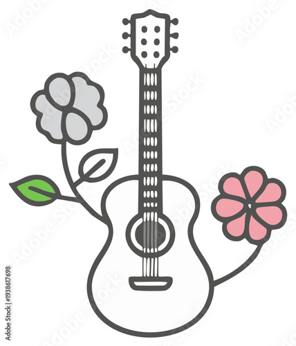 Acoustic guitar with blooming flowers and leaves illustration